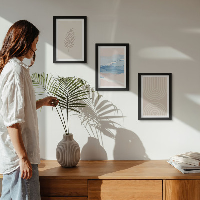 Framed triptych Leaves and waves in shades of beige and blue
