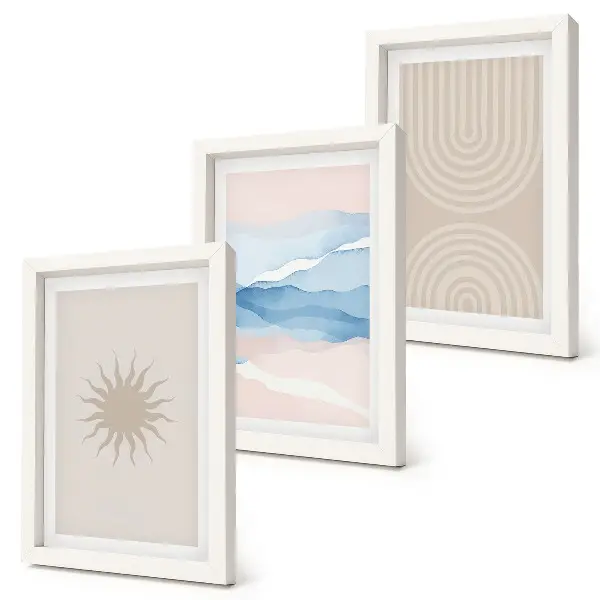 3-piece wall art set Sun, waves and abstract lines in pastel colors