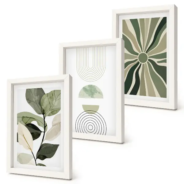 3-piece wall art set with green botanical geometric motifs