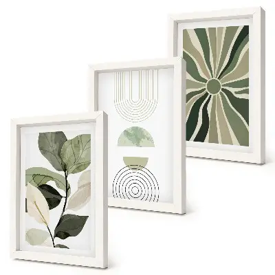 3-piece wall art set with green botanical geometric motifs