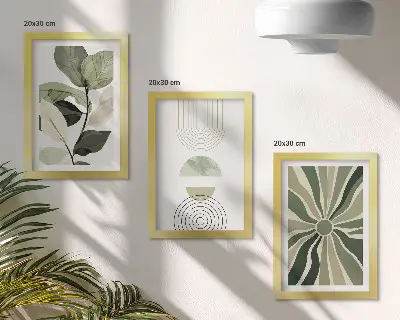 3-piece wall art set with green botanical geometric motifs