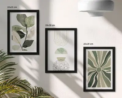 3-piece wall art set with green botanical geometric motifs