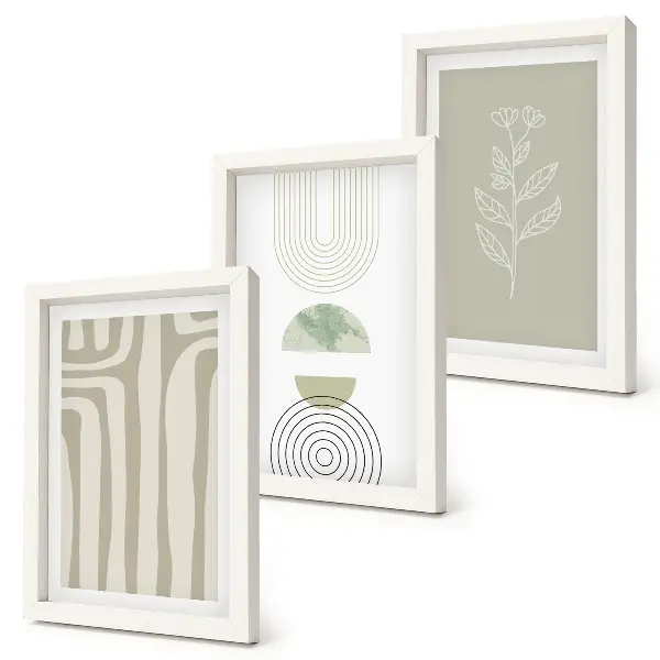 Photo frame wall with geometric patterns and green plant accents
