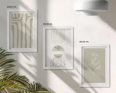 Photo frame wall with geometric patterns and green plant accents
