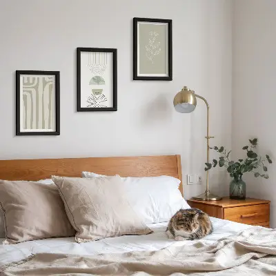 Photo frame wall with geometric patterns and green plant accents
