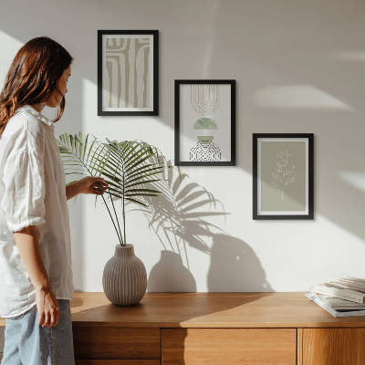 Photo frame wall Geometric patterns with plant accents in shades of green