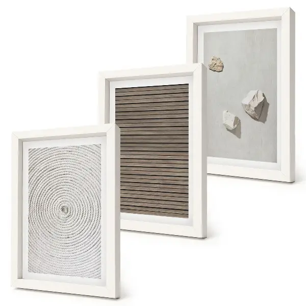 Framed triptych natural textures of wood, stones, and rope