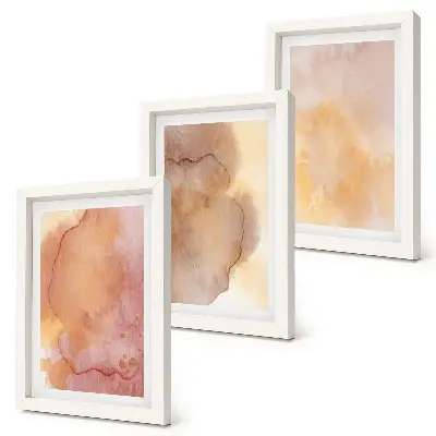 Photo frame wall with warm watercolor canvas art and colorful textures
