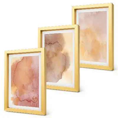Photo frame wall with warm watercolor canvas art and colorful textures