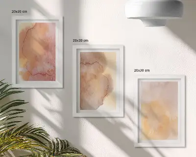 Photo frame wall with warm watercolor canvas art and colorful textures