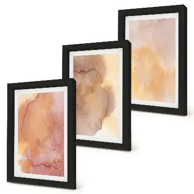 Photo frame wall with warm watercolor canvas art and colorful textures