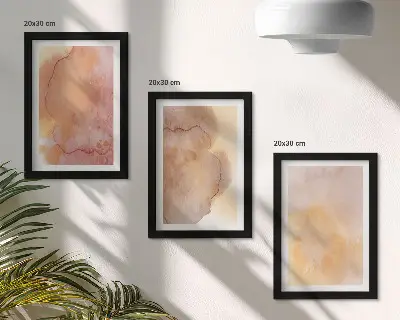 Photo frame wall with warm watercolor canvas art and colorful textures