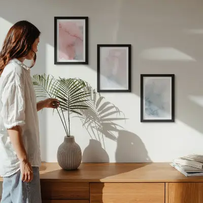 Framed triptych pastel watercolors on canvas with colorful textures