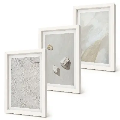 Photo frame wall with sand, stones, and modern paint textures