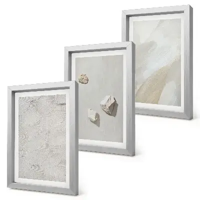 Photo frame wall with sand, stones, and modern paint textures
