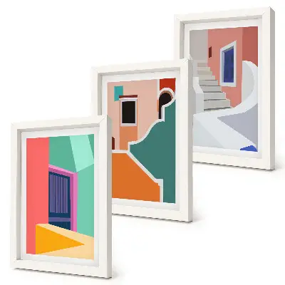 3-piece wall art set featuring colorful illustrations of modern buildings