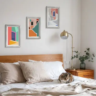 3-piece wall art set featuring colorful illustrations of modern buildings