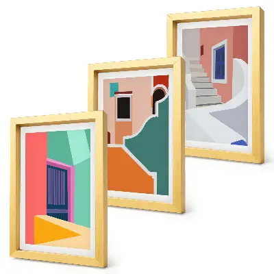 3-piece wall art set featuring colorful illustrations of modern buildings