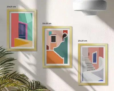 3-piece wall art set featuring colorful illustrations of modern buildings