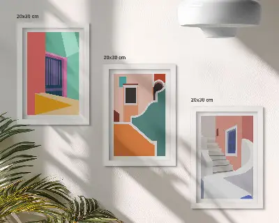 3-piece wall art set featuring colorful illustrations of modern buildings