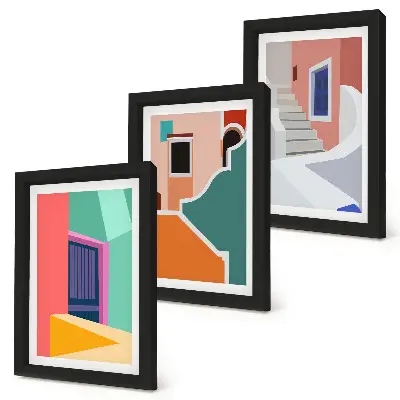3-piece wall art set featuring colorful illustrations of modern buildings