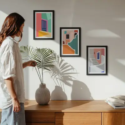 3-piece wall art set featuring colorful illustrations of modern buildings