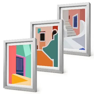 3-piece wall art set featuring colorful illustrations of modern buildings