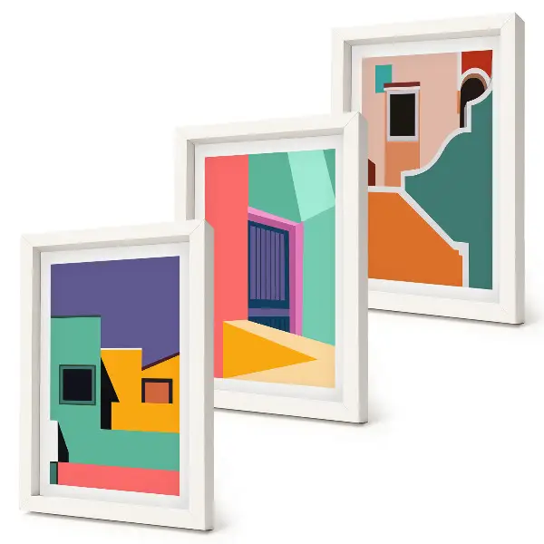 Photo frame wall with colorful modern city illustrations