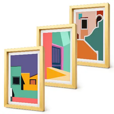 Photo frame wall with colorful modern city illustrations