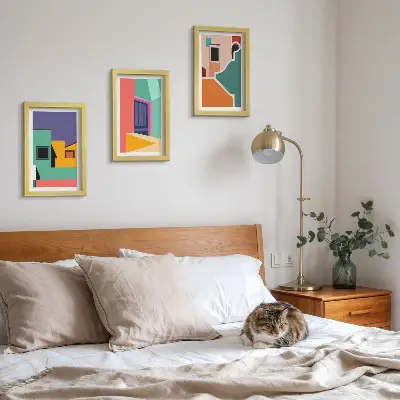 Photo frame wall with colorful modern city illustrations