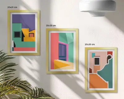 Photo frame wall with colorful modern city illustrations