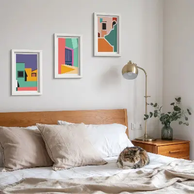 Photo frame wall with colorful modern city illustrations