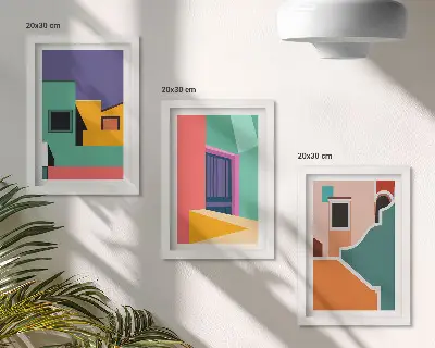 Photo frame wall with colorful modern city illustrations