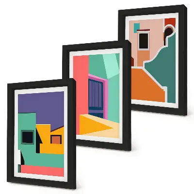Photo frame wall with colorful modern city illustrations