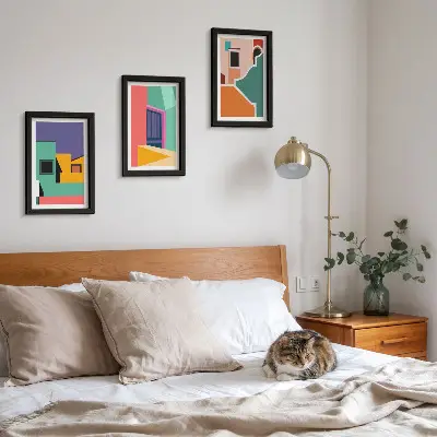 Photo frame wall with colorful modern city illustrations