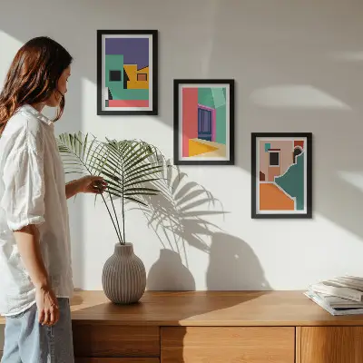 Photo frame wall with colorful modern city illustrations