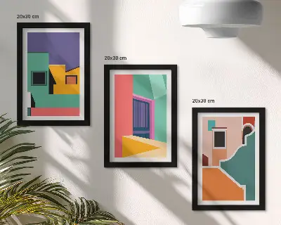 Photo frame wall with colorful modern city illustrations
