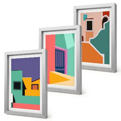 Photo frame wall with colorful modern city illustrations