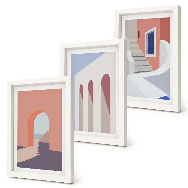 Photo frame wall with illustrations of urban architecture in a minimalist style