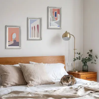 Photo frame wall with illustrations of urban architecture in a minimalist style