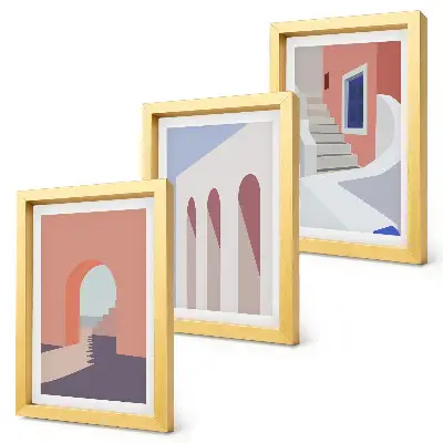 Photo frame wall with illustrations of urban architecture in a minimalist style