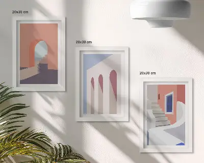 Photo frame wall with illustrations of urban architecture in a minimalist style