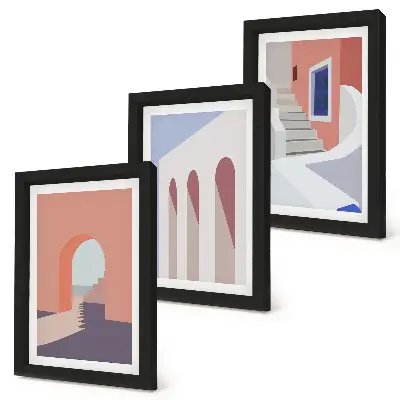 Photo frame wall with illustrations of urban architecture in a minimalist style