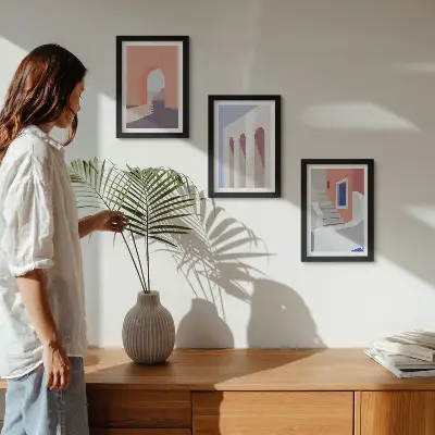 Photo frame wall with illustrations of urban architecture in a minimalist style