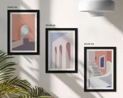 Photo frame wall with illustrations of urban architecture in a minimalist style