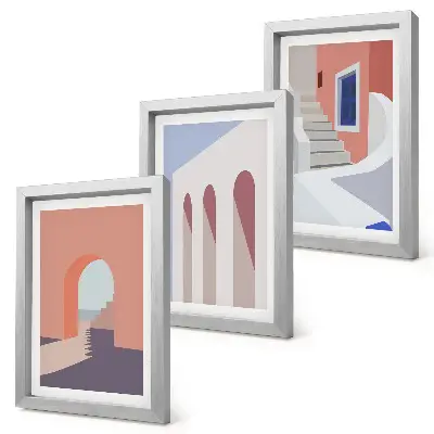 Photo frame wall with illustrations of urban architecture in a minimalist style