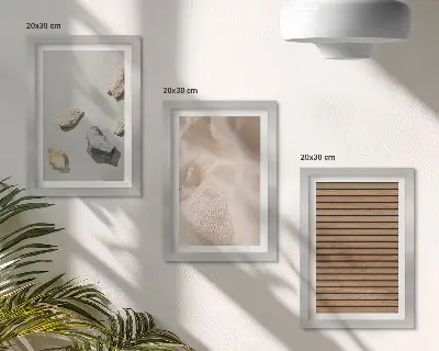 Framed triptych stones, wood, fabric with various textures