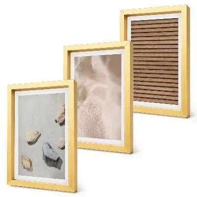 Framed triptych stones, wood, fabric with various textures