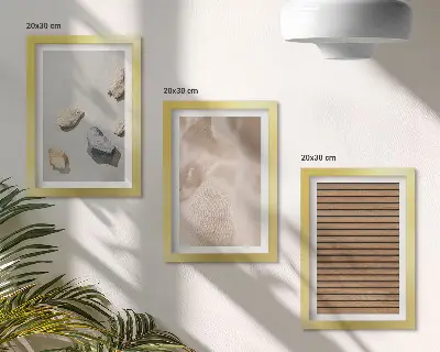 Framed triptych stones, wood, fabric with various textures