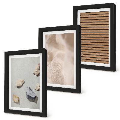 Framed triptych Stones, wood, fabric, various textures
